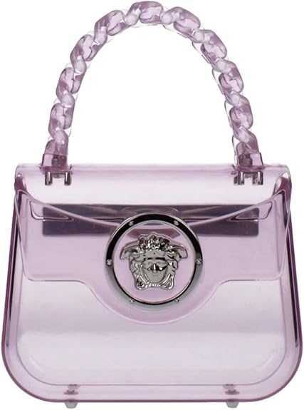 Versace Medusa 女式迷你透明粉色 PVC 手提包 – 翻盖闭合,顶部提手和肩带,设计师奢华包